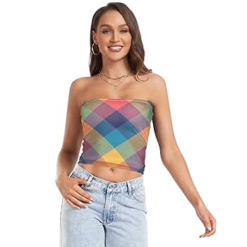 PBJCKAH Women's Sexy Tube Crop Tops Checkered Grid Colorful